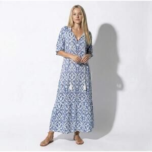 Noracora Boho Dress S Blue White Ikat Balloon Sleeve Tiered Tassel Resort NWT